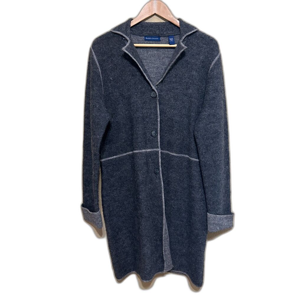 VTG Karen Scott Sweater Coat Coatigan Womens Medium Gray 100% Wool Long Line